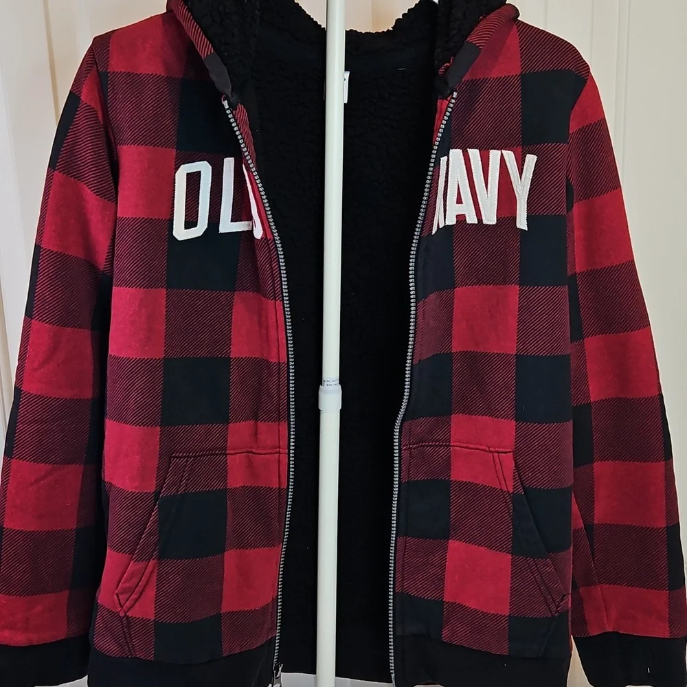 Old Navy Red and Black Checkered Zip Hoodie XL Zipup